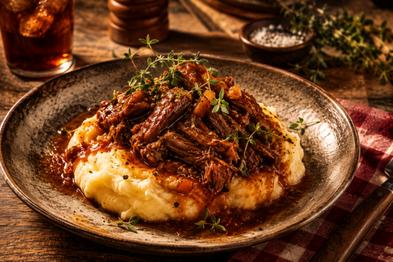 Pulled Beef auf cremigem Kartoffelpüree