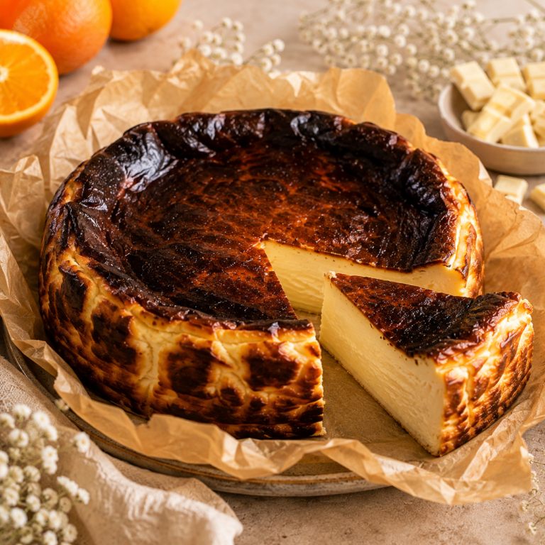 San Sebastian Cheesecake mit weißer Schokolade & Orange